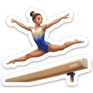 A gymnast performing a flawless routine on the balance beam, showcasing strength and grace. The scene captures the precise, elegant movement with perfect balance and form. The background features a gymnastics arena with vibrant lighting and cheering crowds, emphasizing athleticism and poise. sticker