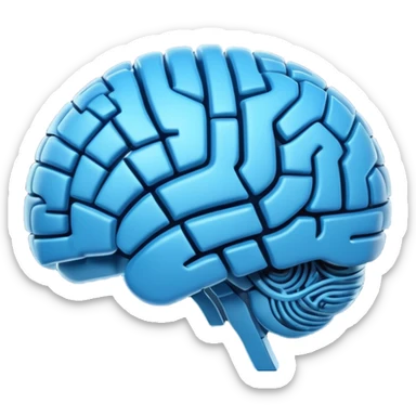 3D blue style icon representing artificial intelligence, stylized brain with digital circuit patterns, futuristic and clean, no text/letters/acronyms. No background. sticker