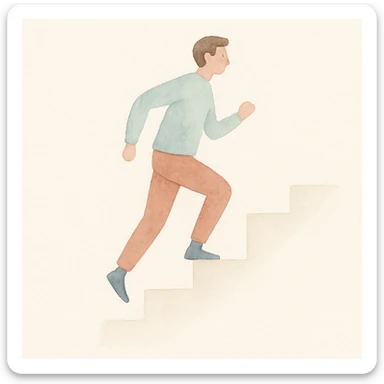 soft watercolor illustration in a minimalist modern style, a man running upstairs, pastel colors, delicate linework, gentle whimsical mood, minimal soft shading sticker