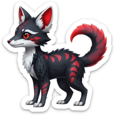 Feral Rare Fantasy   dark obsidian-black fur with crimson glowing runic markings Vernid-Sergal-Genet-Trico-species by LiLaiRa, random markings, tufted tail, tufted ears, full body sticker