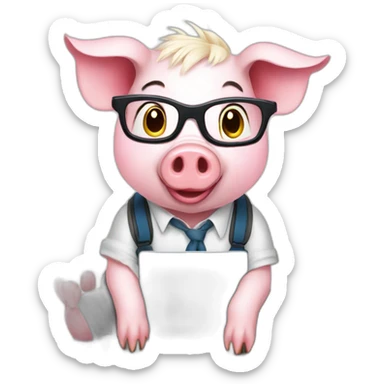 A cute little geeky pig typing on a MacBook Pro  sticker