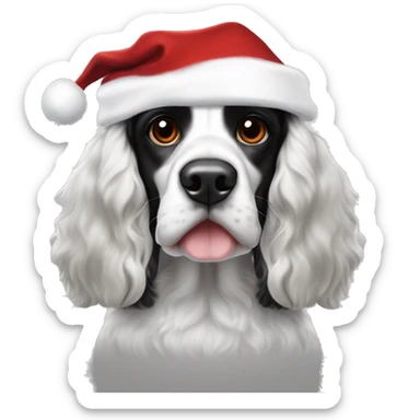 black and white trimed english cocker spaniel with spots on nose and black ears and santa hat sticker