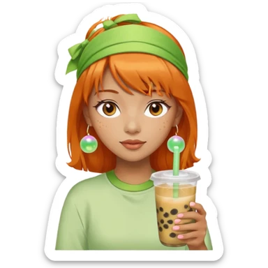 Create an emoji of a woman with orange hair, bangs, and a green headband, holding a cup of bubble tea. sticker