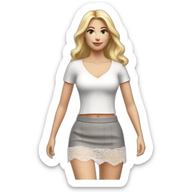 hyperrealistic caucasian long blonde woman white v-neck lace top gray tight mini skirt walking to camera sticker