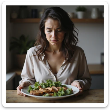 realistic woman with PCOS looking at her ketogenic plate with dissatisfied look, face with acne, chin facial hair, thin hair, home environment, hyperrealistic 4K details sticker