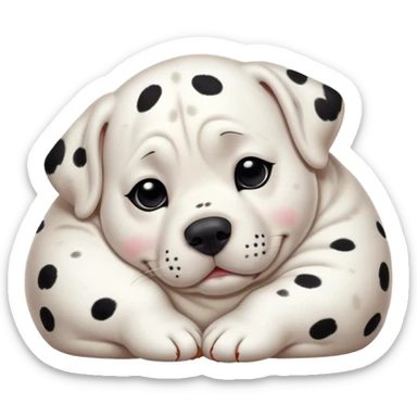 Cinematic Chubby Sleeping Dalmatian Portrait Emoji, Chubby and serene, with a round, plump build and a glossy white coat adorned with distinctive black spots, eyes gently closed in peaceful slumber, Simplified yet irresistibly endearing features, highly detailed, glowing with a gentle, dreamy glow, high shine, relaxed and content, stylized with a touch of whimsy, bright and heartwarming, soft glowing outline, capturing the essence of a blissfully sleepy companion, so comically serene it feels like it could roll out of the screen and snore with adorable charm! sticker