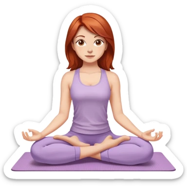 Brunette medium copper red hair, brown eyes, yoga beautiful girl in light lilac clothes sitting on a yoga mat sticker