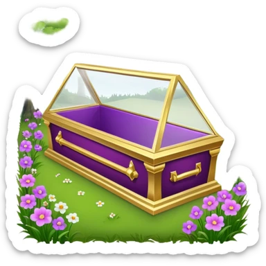 Snow White's coffin in the image is a highly symbolic piece, embodying both solemnity and fairytale charm. It is designed with a transparent glass lid, allowing a clear view of Snow White lying inside in her pure and untouched beauty. The frame around the lid and the base of the coffin is made of gold-colored metal, intricately carved in a Gothic style. Along the side of the coffin, the name “SNOW WHITE” is prominently displayed in ornate, medieval-style lettering, serving as an eternal tribute to the legendary character. The coffin is placed in a quiet forest clearing, resting on a bed of green grass and surrounded by clusters of colorful flowers—purple, pink, and white—which add a sacred and emotional atmosphere. The dwarfs stand nearby in silence, keeping watch and heightening the sense of reverence and sorrow. The entire design of the coffin harmoniously blends medieval artistry with mythical elements, honoring Snow White’s beauty while creating a legendary, fairytale-like setting. sticker