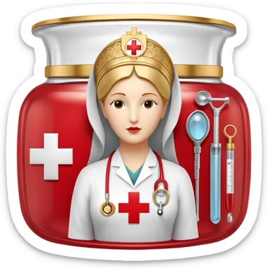 An icon featuring The Hygeia Vessel, a red cross, symbolizing medicine. The design includes medical tools and symbols, representing healthcare, diagnosis, and healing practices. Transparent background highlights the profession and study of medicine. sticker