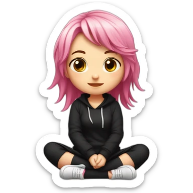 Full body Front view curvy emo girl pink hair sits on the floor straight view hands up black skirt белые трусики полосатые рваные чулки sticker