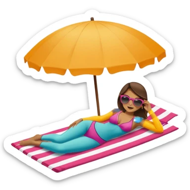 Chica tomando el sol en una playa acostada en una toalla con una sombrilla sticker