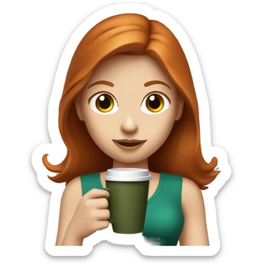Redhead fitness girl with blue eyes in dark green top with coffee sticker