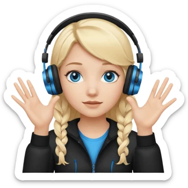 girl with blonde hair and blue eys with heands telling what, having heaphones on head sticker