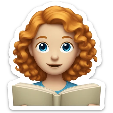 Ginger girl with wavy hair and blue eyes reading sticker