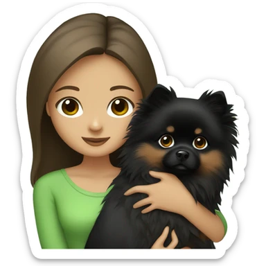 girl with brown hair green eyes holding a black Pomeranian spitz dog sticker