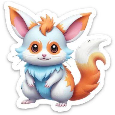  Shiny iridescent light warmly colored reddish-orange-gold-gradients neon vibrant bioluminescent colorful flourishing flurry fuzzy Absol-Minccino-Furret-Zangoose-Chinchilla-Stitch-fusion-animal-Fakémon-hybrid-creature  sticker