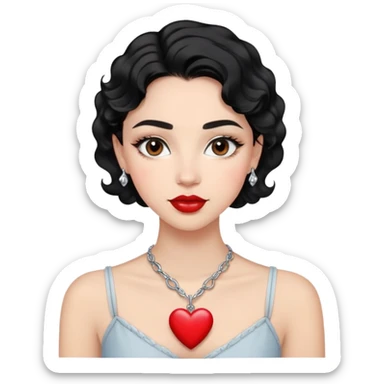 Young woman with light skin, wavy black hair, oval face, black almond eyes, defined brows, soft red lips, wearing a silver heart necklace. Delicate, charming and friendly look. sticker
