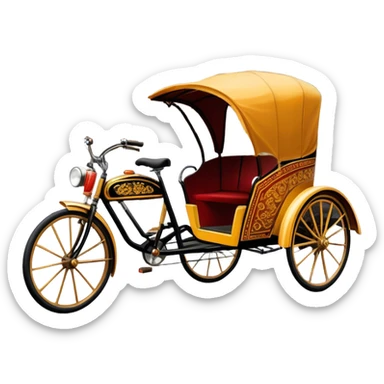 Cyclo rickshaw – Cinematic Realistic Cyclo Rickshaw, depicted as a charming, ornately painted three-wheeled cycle taxi with vintage detailing, set on bustling city streets under dynamic urban lighting that evokes cultural heritage and nostalgic charm. sticker