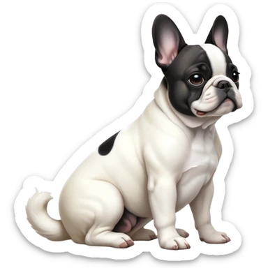 cinematic-[french bulldog]-realistic-full-body-sitting-emoji,-tail-resting-loosely-beside-its-paws,-head-tilted-dramatically,-sleek-[black ant whitepied]-fur,-simplified-yet-realistic-focused-features,-highly-detailed,-glowing-with-an-almost-sarcastic-glow sticker