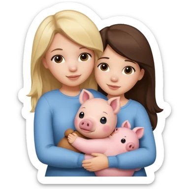 Girlfriends, blonde and brunette, hugging a teddy bear and a little pig sticker