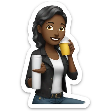 African American female talking on cellphone and holding a coffee wearing black shirt and jeans  sticker