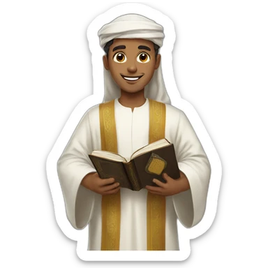A young man wearing an Arabic robe and holding a Holy Quran sticker