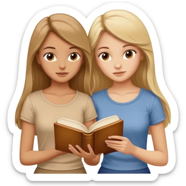 two beautiful girls in beige tops reading a beautiful vintage book. one is brown-haired, the other is blonde. both have long hair with sticker