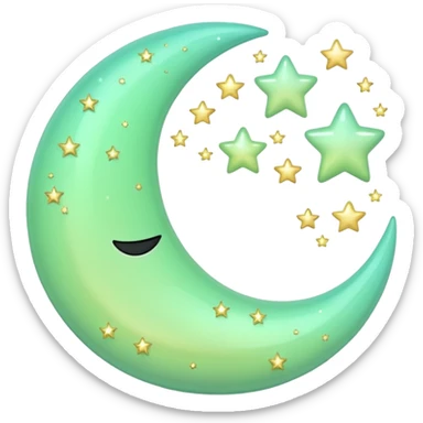 sparkly glossy pastel green-gradient crescent moon with small stars sticker