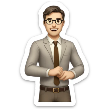 To belt Actively gesturing with hands Pale skinned fit man teacher with dark brown hair in gray jacket, beige office shirt, brown tie, brown pants and vintage glasses. sticker