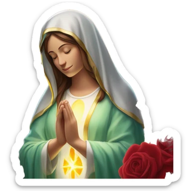 Virgin Mary: kind face looking down at the left, long brown hair, Wearing an emerald green  robe with gold stars and a burgundy red dress,  Hands in prayer or blessing. Halo around her head. standing in front of a big sun. colorful roses on the sides  sticker