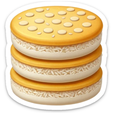 round airy rice cake with lightly puffed bubbled texture, pale off-white color, slightly uneven surface with hints of toasted golden grains, small stack or single crisp, light crunchy appearance, soft lighting, subtle shadows, emoji scale sticker