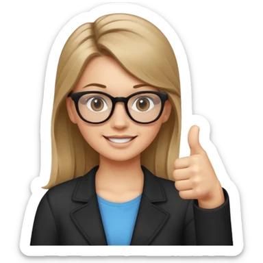 White girl with dark blonde hair in a ponytail and glasses giving the thumbs up sticker