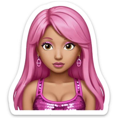 Nicki Minaj with long pink hair, pink sequin crop top, dark brown eye sticker