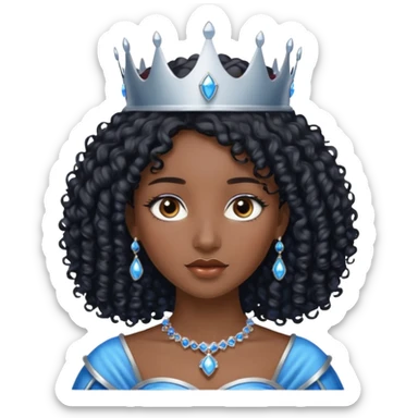 Por favor hazme el emoji de la princesa pero morena con el pelo negro y rizado, los ojos marrones y la corona plateada con jollas azules sticker