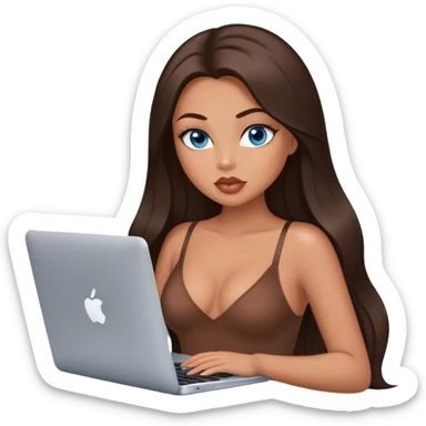 Glamours tanned very beautiful girl with big pump peach lips and dark chocolate straight smooth silky long hair, blue eyes in brown/beige bodysuit with MacBook sticker