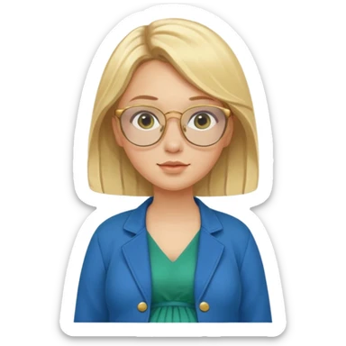 pregnant blonde 18-year old with golden glasses in a bright blue dress and a dark green jacket on top of the blue dress standing sassily sticker