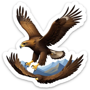 cinematic-golden eagle-realistic-full-body-soaring-emoji,-massive-wings-spread-wide-against-the-open-sky,-sharp-beak-curved-and-powerful,-piercing-golden-eyes-scanning-the-land-below,-strong-feathered-legs-tucked-tight,-dark-brown-feathers sticker