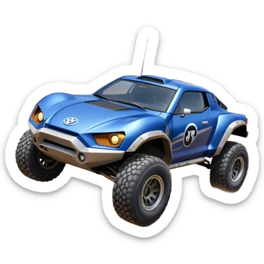 Mandalorian evil darkly night blue Dirty and dented Local Motors Rally Fighter off road race car hot rod meets 2013 Toyota 86 trophy truck-style basher flying on a dusty road (silver wheels) sticker