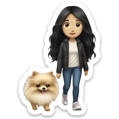pale girl with long black hair walking with pomeranian sticker