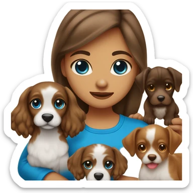 criança menina  de olhos castanhos cabelo marrom claro nas costas pele clara com um cachorro caramelo e dois peixes um vermelho e o outro azul. sticker