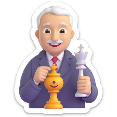 3D smiley emoji, round shape, grandfather with a chess piece, gray color, smiling face sticker