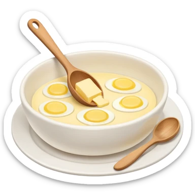 a dozen eggs, a ceramic mixing bowl with a wooden spoon and a plate of butter sticker