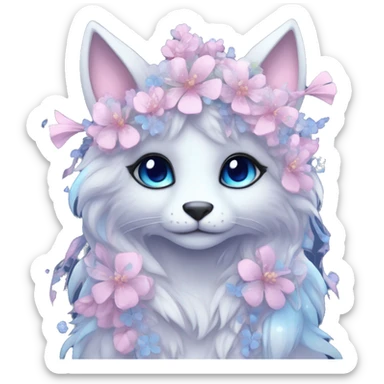 Anthro Cute Cool Pastel Kawaii gorgeous sparkly ethereal fantasy animal creature with blue eyes furry sona with flowers and ribbons beautiful aesthetic sticker
