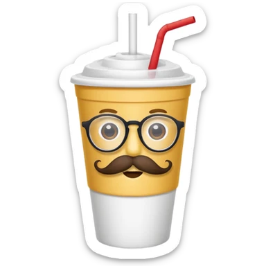 paper cup and white straw, the cup has eyes and mouth and glassess and mustache sticker