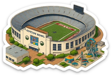 Изометричная, яркая, детализированная и фотореалистичная иллюстрация стадиона Cotton Bowl в стиле 3D-коллажей городов, насыщенные цвета, аккуратные и чёткие линии, мультяшно-реалистичная стилистика. Чёткие контуры, не размазанные линии, высокое качество, прозрачный фон, не обрезать края стадиона. sticker