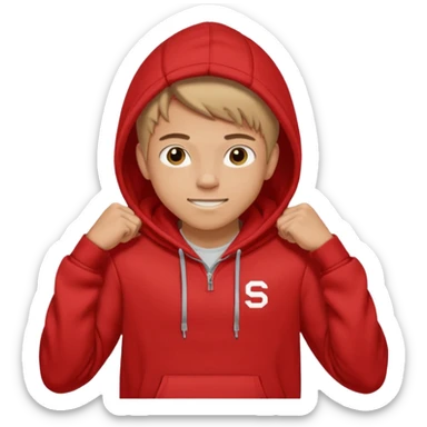 make me an emoji of an americain 19 yearold boy in a red hoodie that says "south" on it and give him with tan skin with his hands in his hands in his pocket wth a small smile flexing his muscles with his hood on sticker