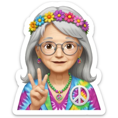 elderly woman with long grey hair, glasses, peace sign necklace, tie-dye clothing, flower crown sticker
