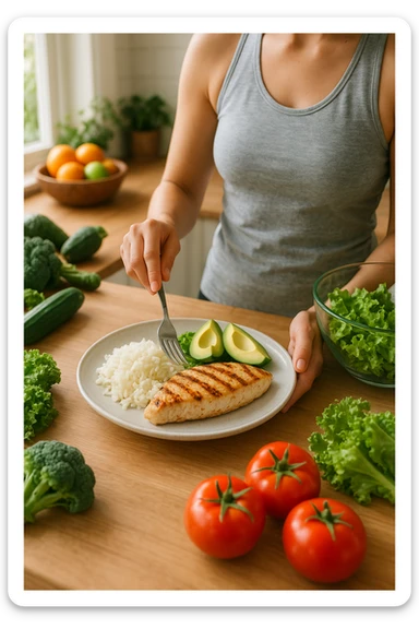 realistic scene of a woman preparing a balanced and fit meal with clearly visible carbohydrates, proteins, and fats on the plate, bright and healthy atmosphere, natural details, aspect ratio 2:3 sticker