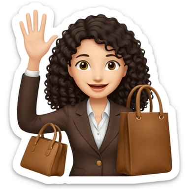 medium deep tan brown business woman with long black curly hair, waving hand with happy face with smile mouth and carrying bag on her shoulder sticker