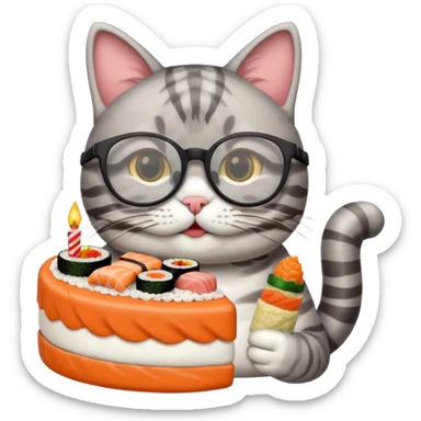 cat with cool glasses eating a birthday cake made out of sushi sticker